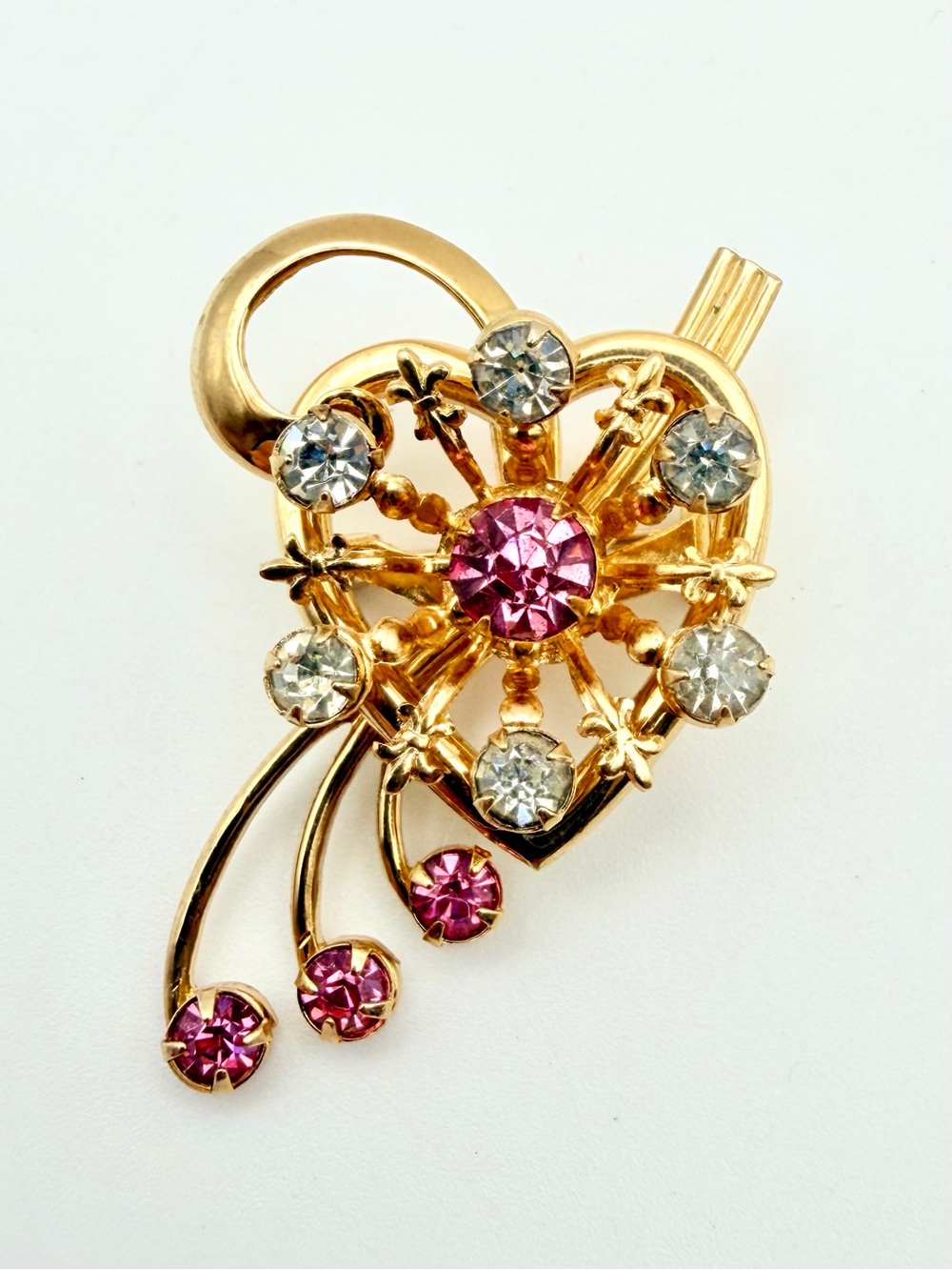 Vintage 1950s Pink Clear Rhinestone Floral Starburst Brooch Pin